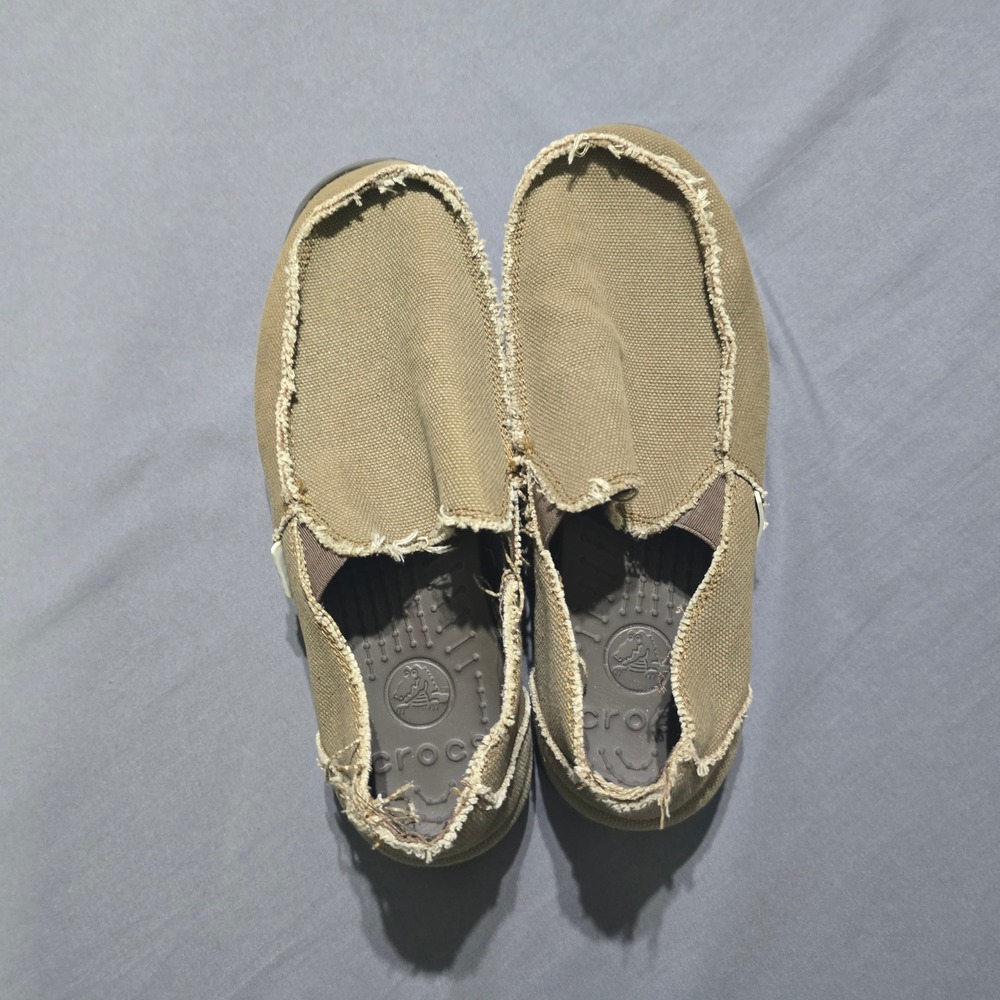 Crocs Santa Cruz Loafers Mens 10 Khaki Canvas Frayed Slip On Shoes 10128